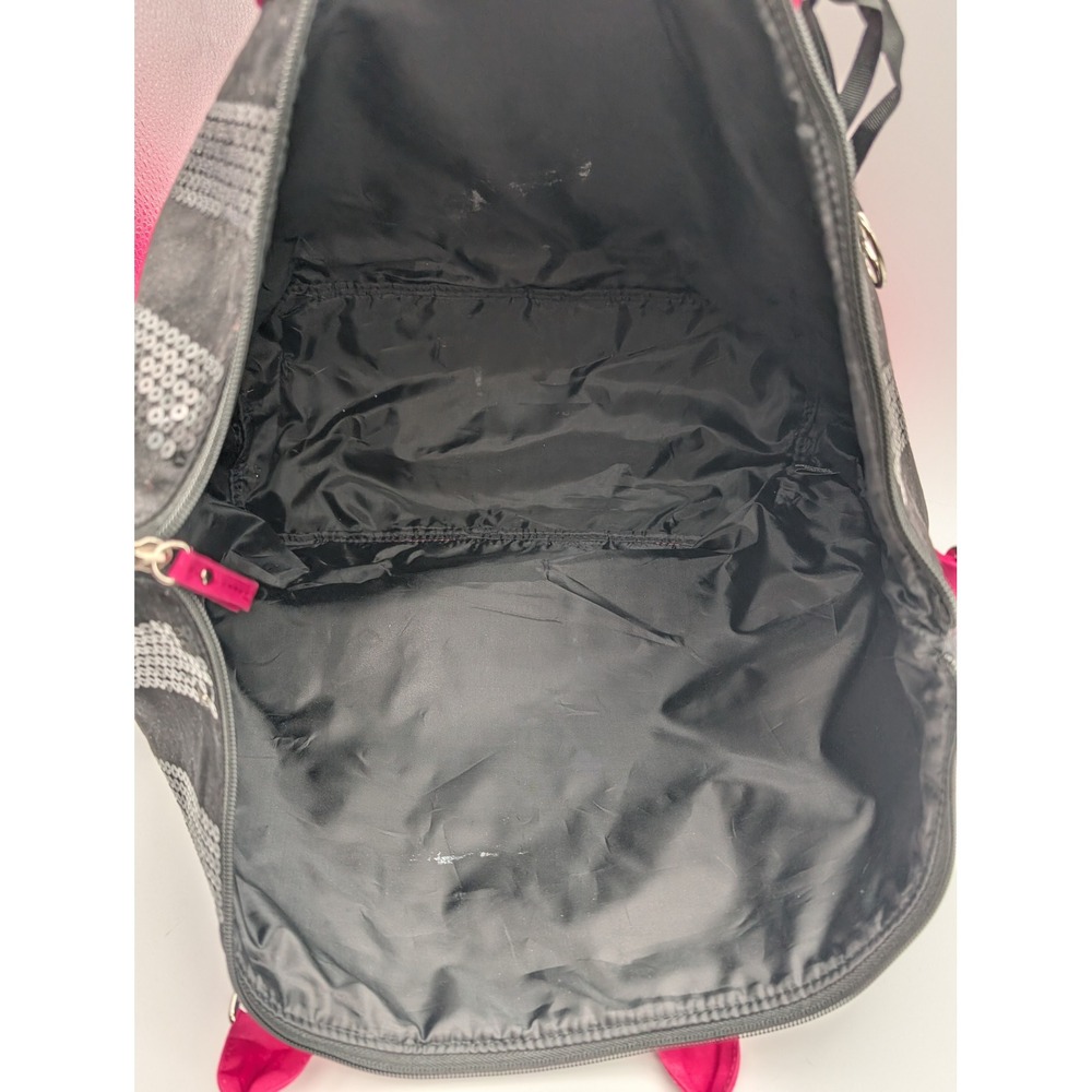 Victoria's Secret Black Pink Sequin Stripe Canvas Tote Bag Large Zip Top Charm - Picture 6 of 10